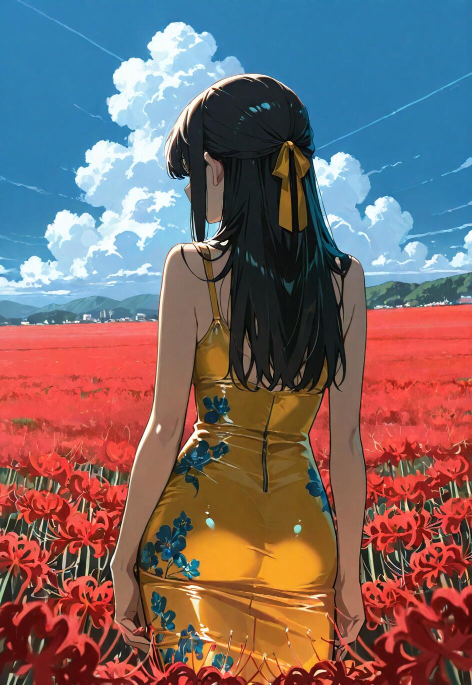 An anime girl with long black hair and a tight yellow dress stands from behind in a field of red spider lilies, looking out towards a distant town under a blue, cloudy sky.