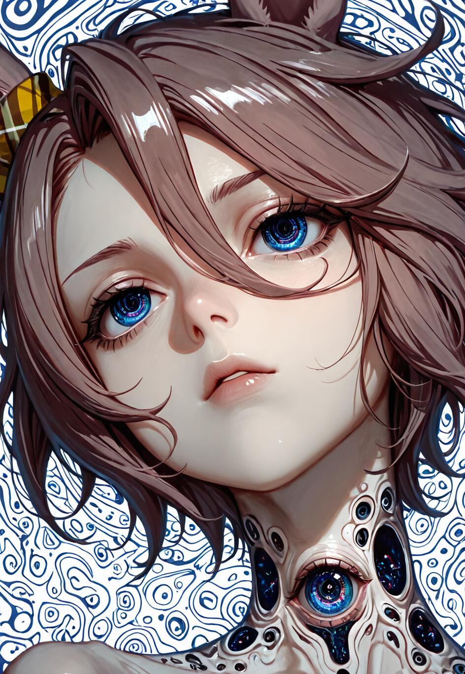 A digital art portrait of Narita Taishin from Uma Musume, featuring short brown hair and striking blue eyes. Her neck and shoulders are covered in a surreal pattern of multiple embedded eyes against a swirling blue and white background.