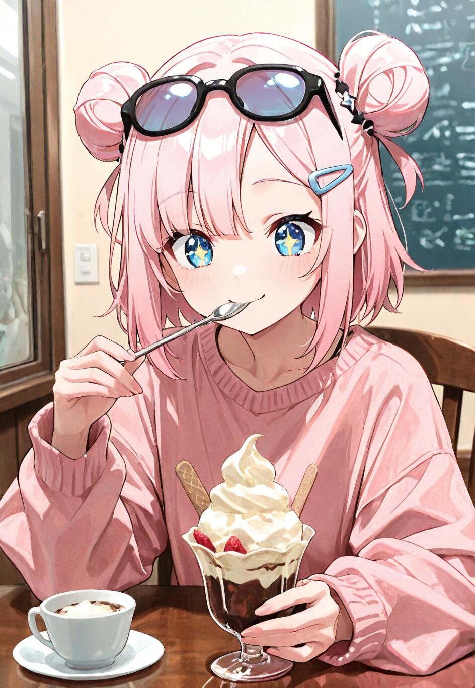 A cute anime girl with pink hair in double buns and an oversized pink sweater, sitting at a cafe table with a spoon in her mouth, a chocolate parfait in her hands, and a cup of coffee nearby.