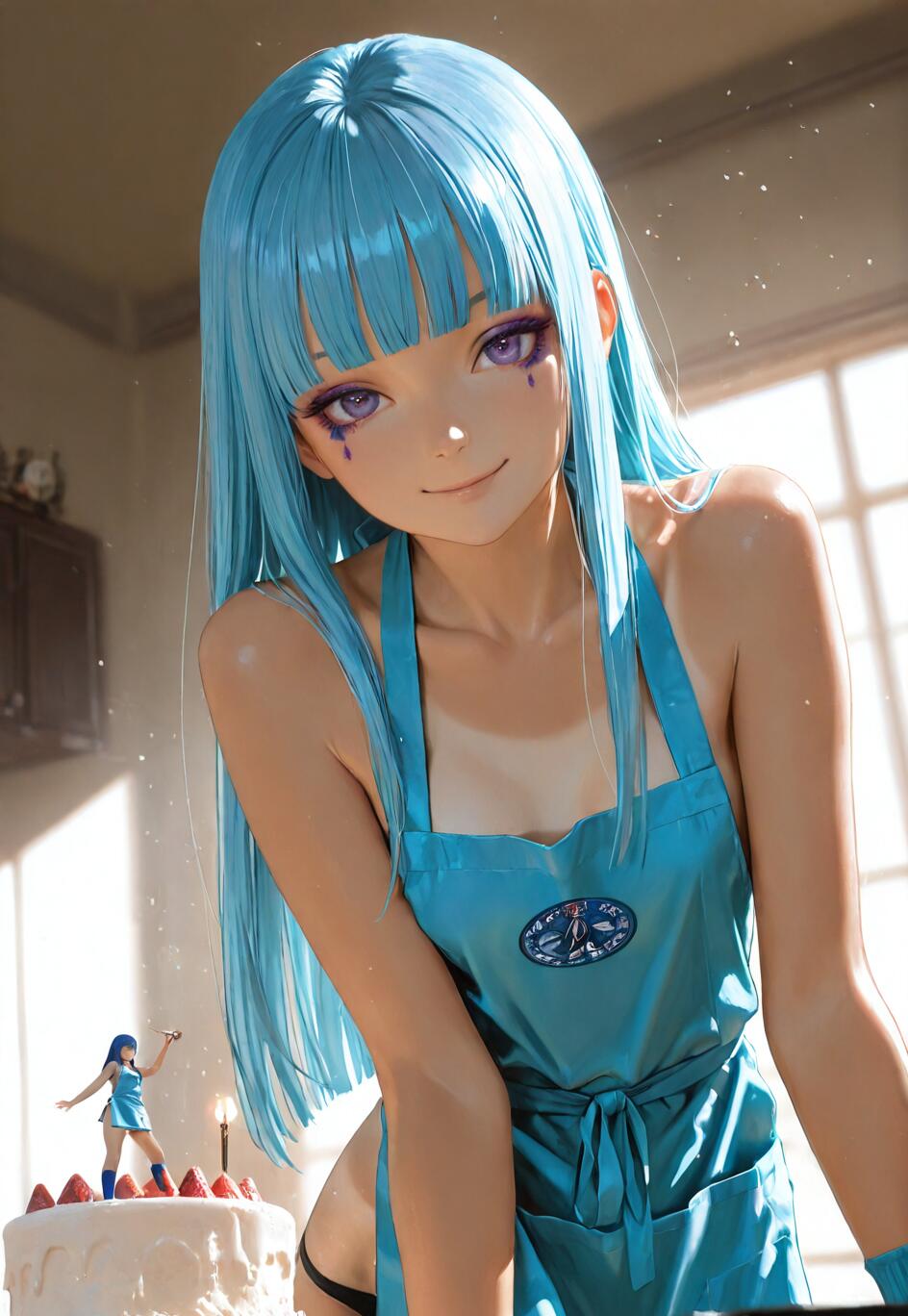 A young woman with long blue hair and purple eye makeup wearing a blue apron smiles while standing behind a white cake with a small figurine of herself on top.