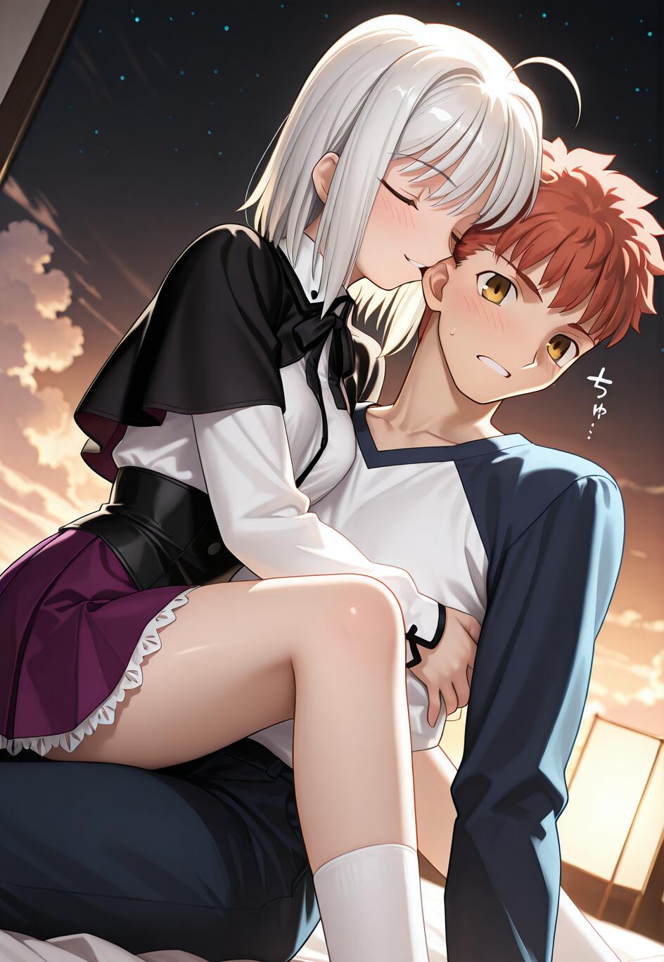 A white-haired anime girl with her eyes closed sits on the lap of a flustered Emiya Shirou from Fate/stay night, kissing his cheek in a softly lit room at night.