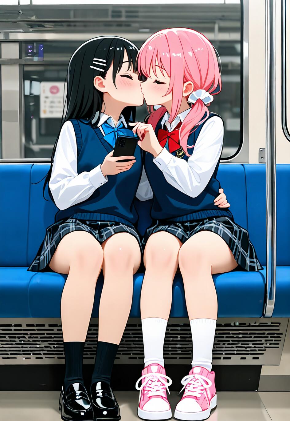 Two anime schoolgirls, one with black hair and one with pink hair, kissing while sitting side-by-side on a blue bench inside a train.