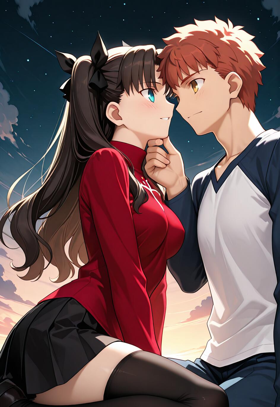 An anime illustration of Rin Tohsaka and Shirou Emiya from Fate/stay night sharing a romantic moment. Shirou is holding Rin's chin as they look into each other's eyes under a starry night sky.