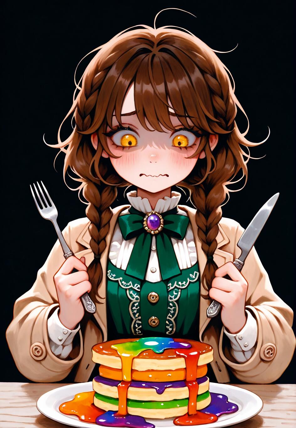 An anime-style girl with brown braids and shocked yellow eyes looks in horror at a stack of rainbow-colored pancakes on a plate in front of her, holding a knife and fork ready to eat.