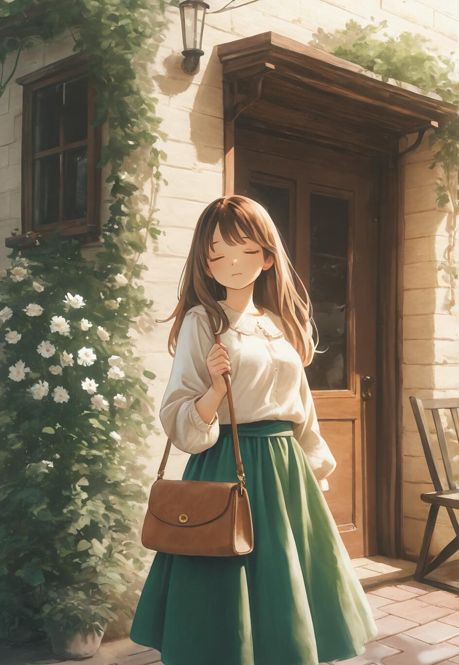 An anime-style illustration of a young woman with long brown hair, wearing a white blouse and green skirt, standing with her eyes closed in front of a building covered in white-flowered vines.