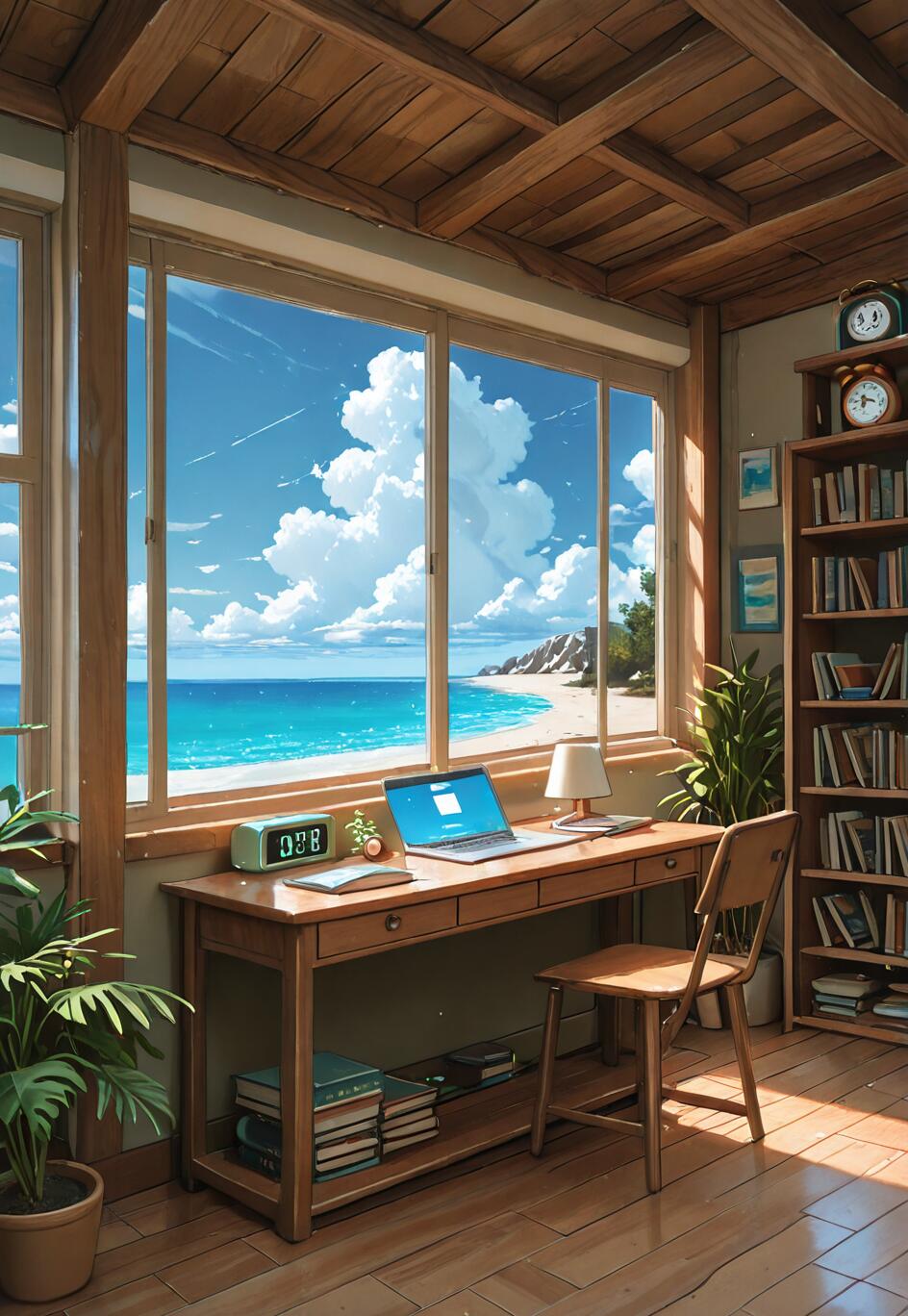 A cozy wooden study with a desk, laptop, and bookshelf facing a large window with a stunning view of a sunny tropical beach and the ocean.