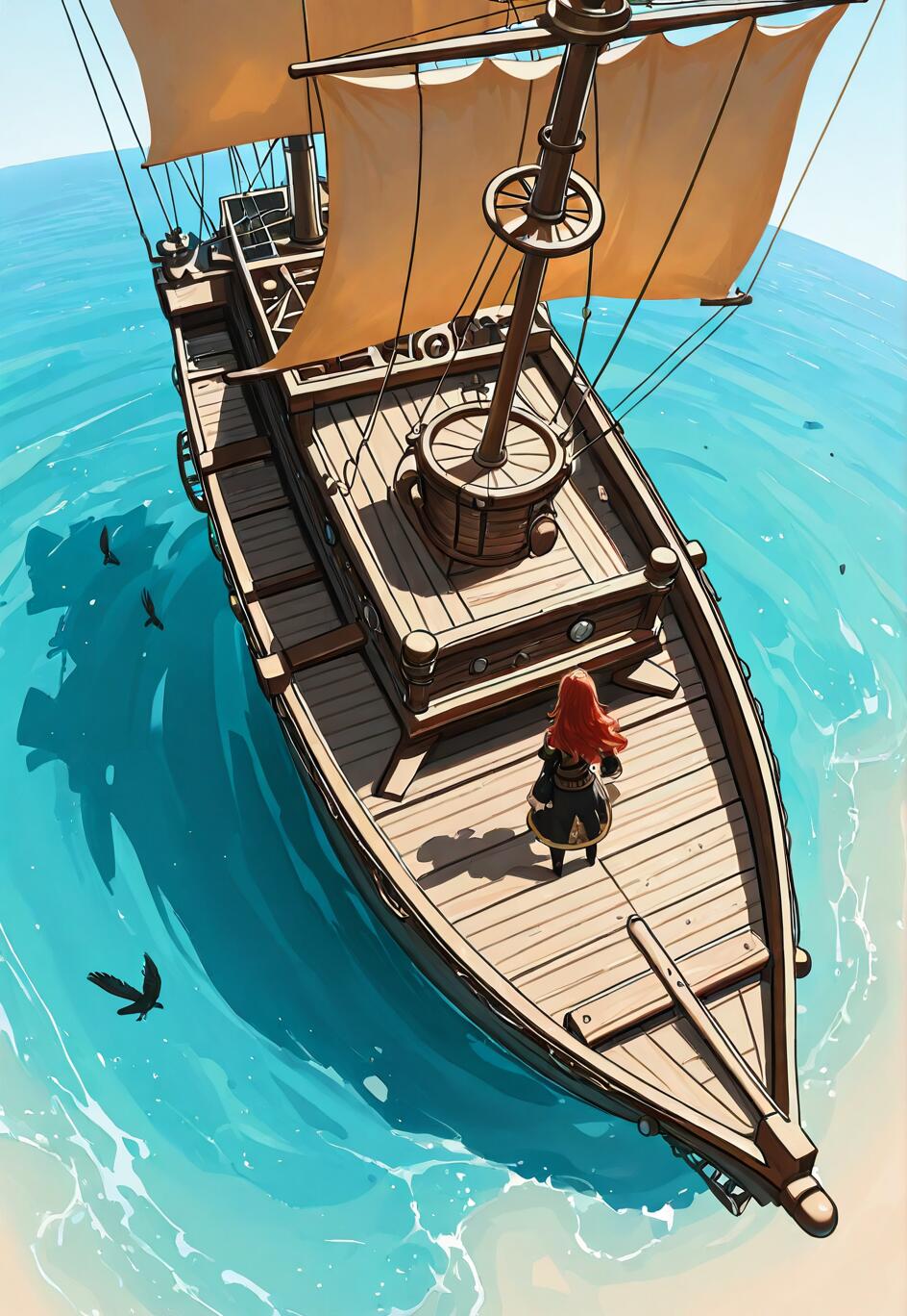 A high-angle view of an anime-style woman with long red hair standing on the deck of a large wooden sailing ship. The ship is in clear, shallow turquoise water next to a sandy beach, with birds flying nearby.