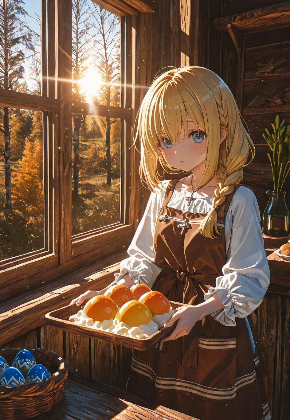 An anime-style girl with blonde hair and a brown apron holds a tray of fresh bread in a sunlit, rustic wooden kitchen next to a window overlooking a forest. A basket of painted blue eggs sits on the table.