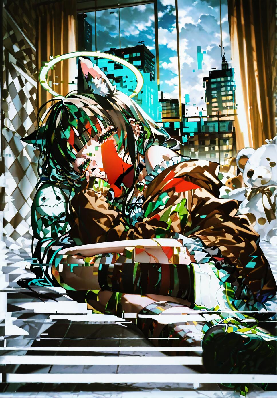 An abstract, glitch-style digital illustration of Misono Mika from Blue Archive with animal ears and a halo, lying down indoors. Her form is fractured with green, red, and brown colors, and a city skyline is visible through a window behind her.