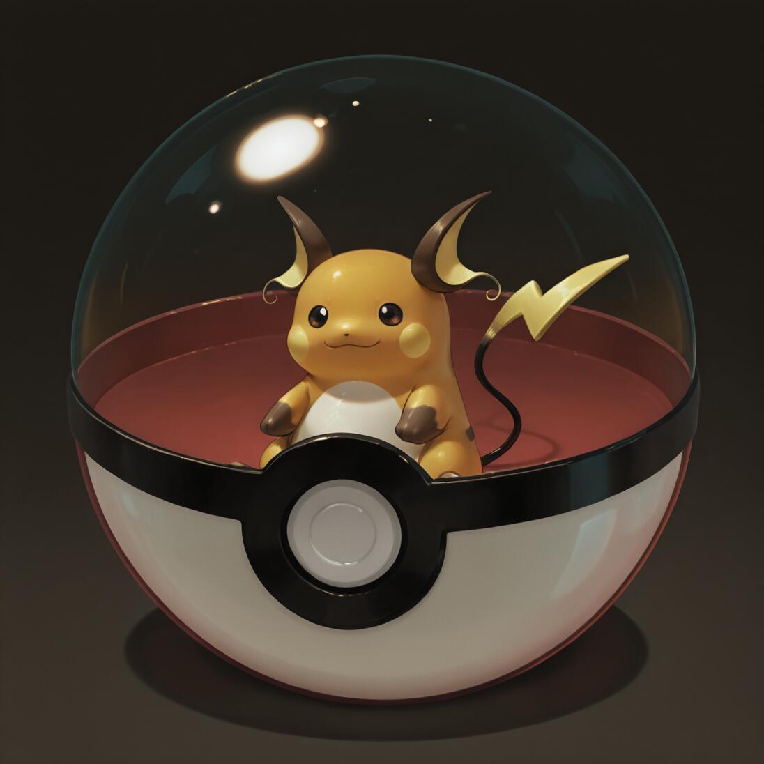 A digital art piece showing the Pokémon Raichu, a chubby yellow creature with a lightning bolt tail, sitting peacefully inside a Poké Ball with a clear glass top.