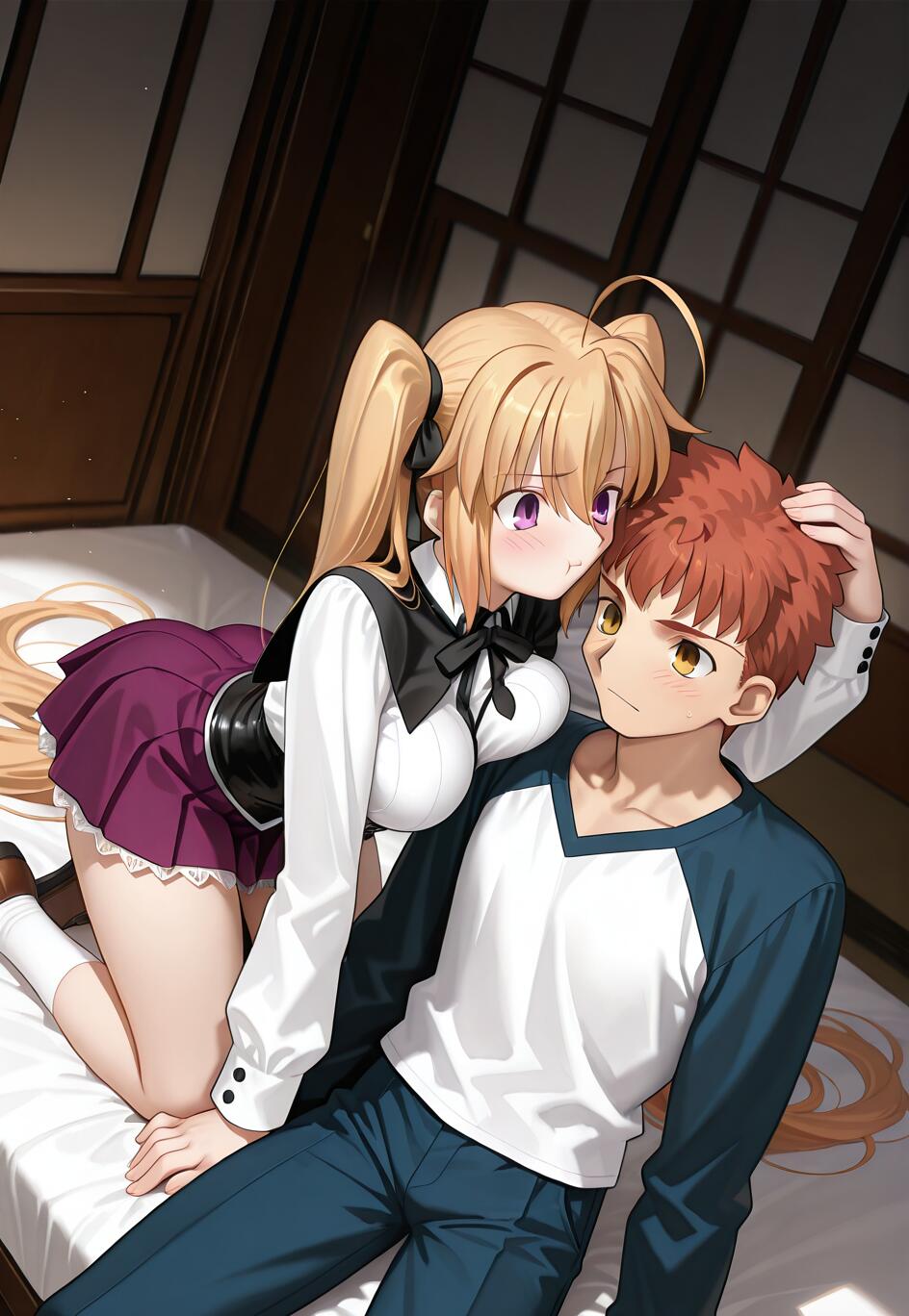 An anime illustration of a crossover between Fate/stay night and High School DxD. Irina Shidou, a blonde girl with twintails, is kneeling on a bed and leaning over Shirou Emiya, a red-haired boy, while patting his head. He is lying down and looking up at her with a blush.