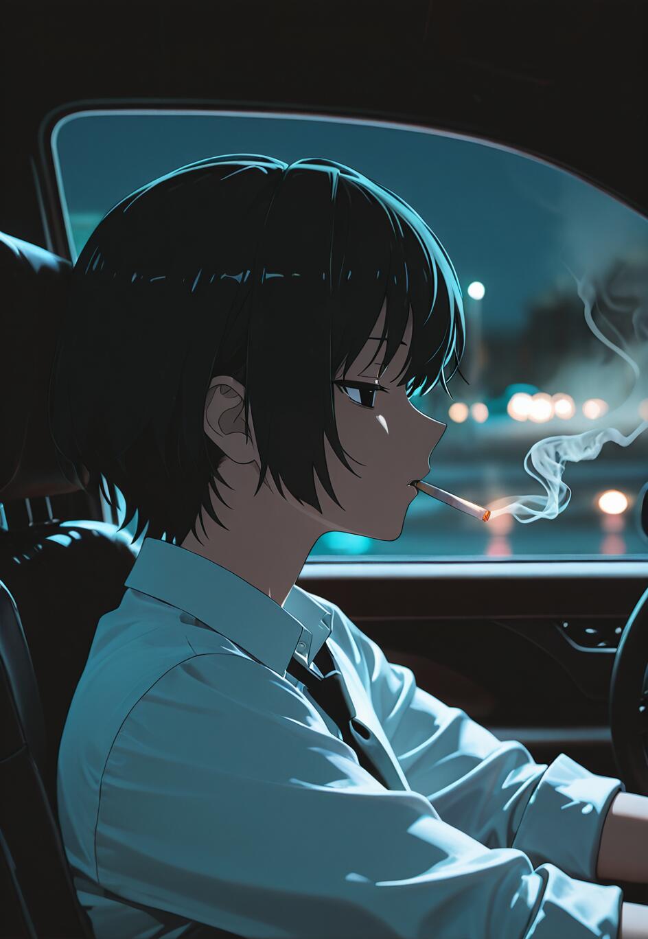 Anime-style illustration of Aki Hayakawa from Chainsaw Man sitting in the driver's seat of a car at night. He has short black hair, is wearing a white collared shirt and black tie, and is smoking a cigarette, with a trail of smoke curling from its tip. His profile is visible as he looks ahead with a somber expression.