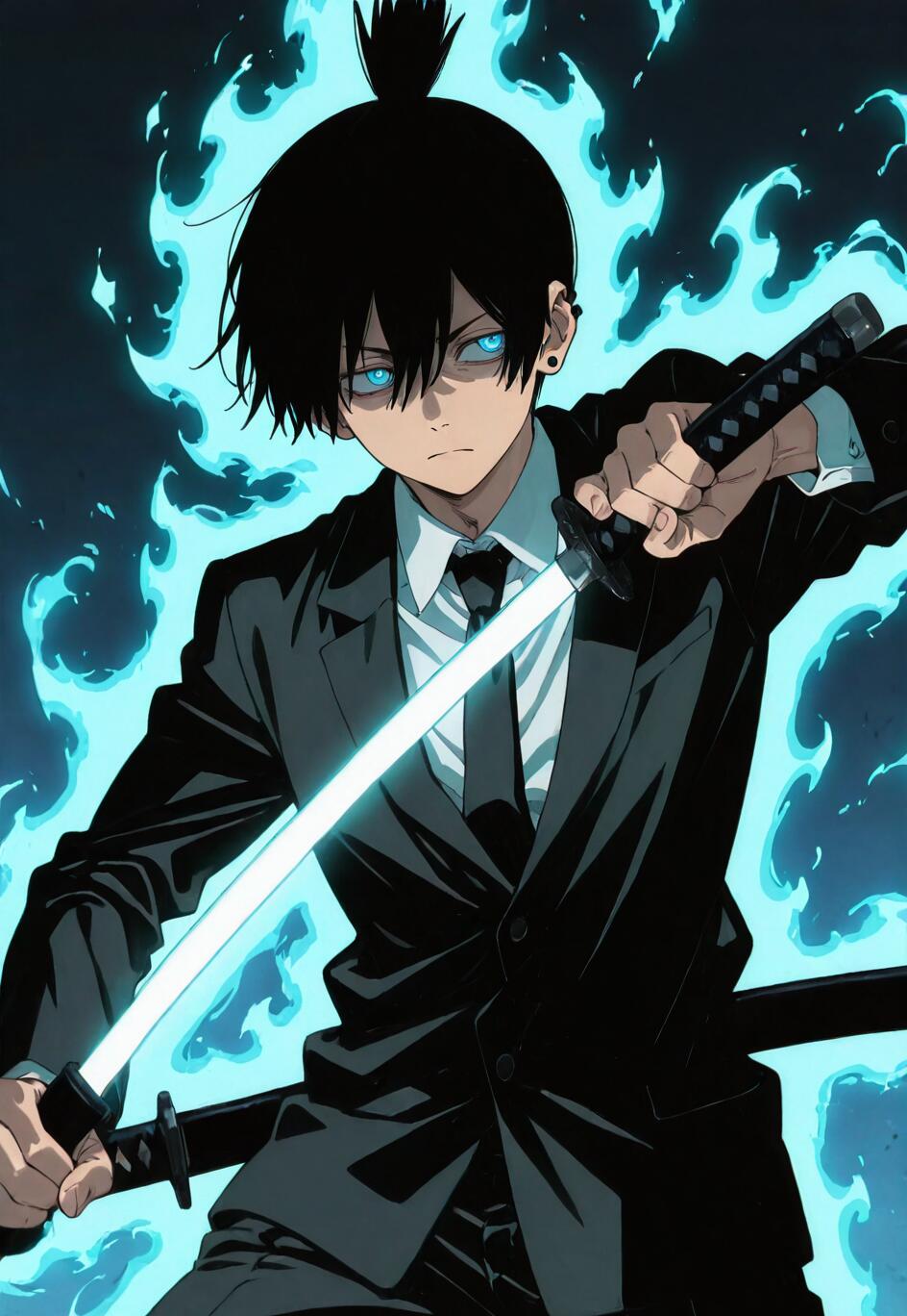 Aki Hayakawa from Chainsaw Man in a black suit, with his hair in a topknot and glowing blue eyes, unsheathing a glowing blue katana against a background of ethereal blue flames.