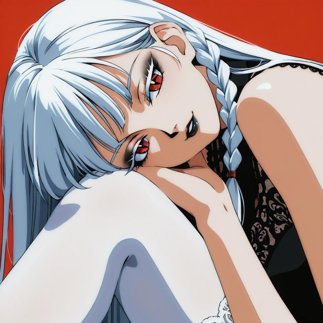 A close-up illustration of an anime woman with long white hair and red eyes against a solid red background. She is resting her chin on her hand, which is propped on her knee, and looking at the viewer with a slight, smug smile. She wears black lipstick and a black lace top.