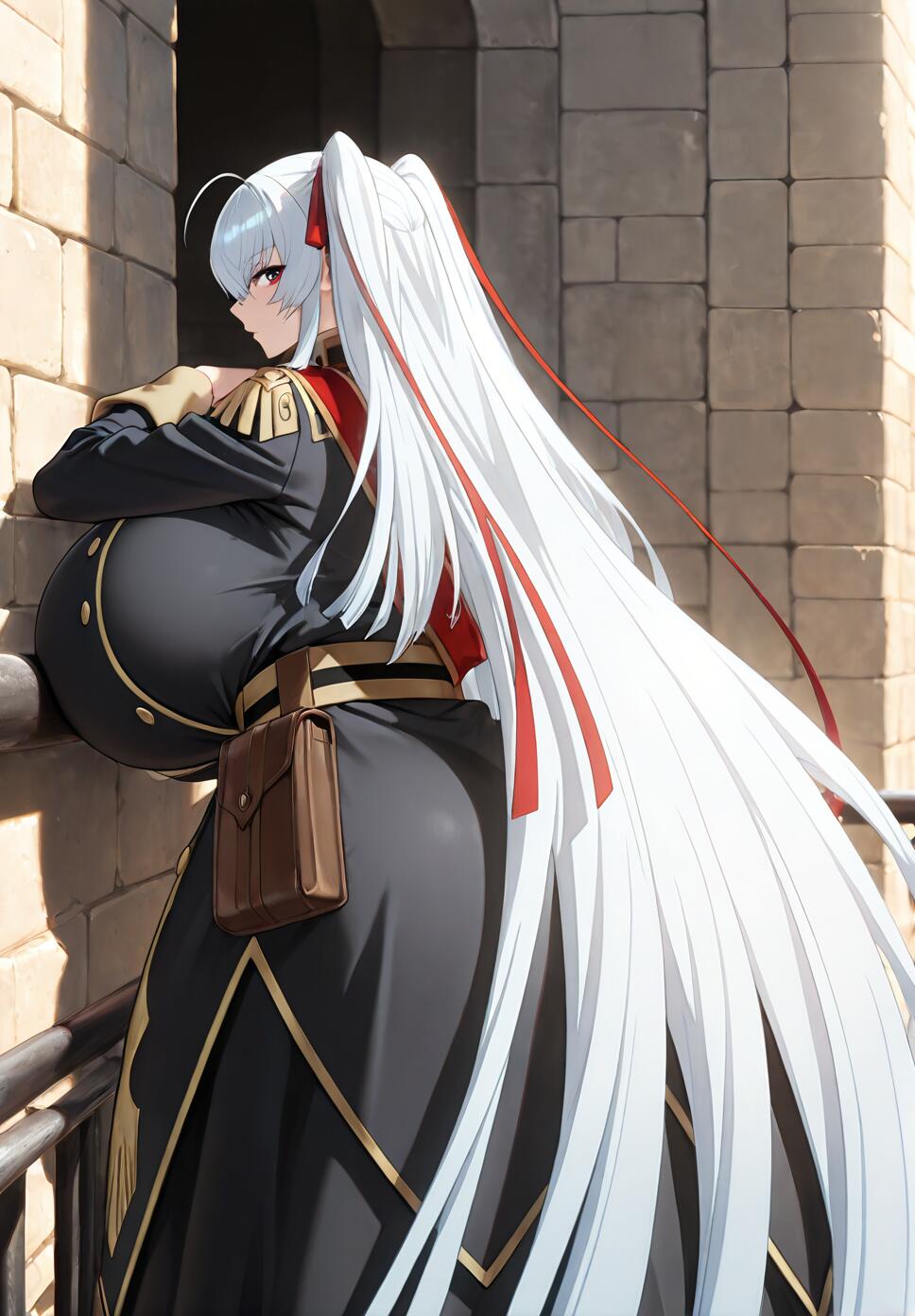 A side view of the anime character Altair from Re:CREATORS, leaning against a stone wall. She has long white hair in a high ponytail with red ribbons, red eyes, and is wearing a dark military uniform with gold and red details.