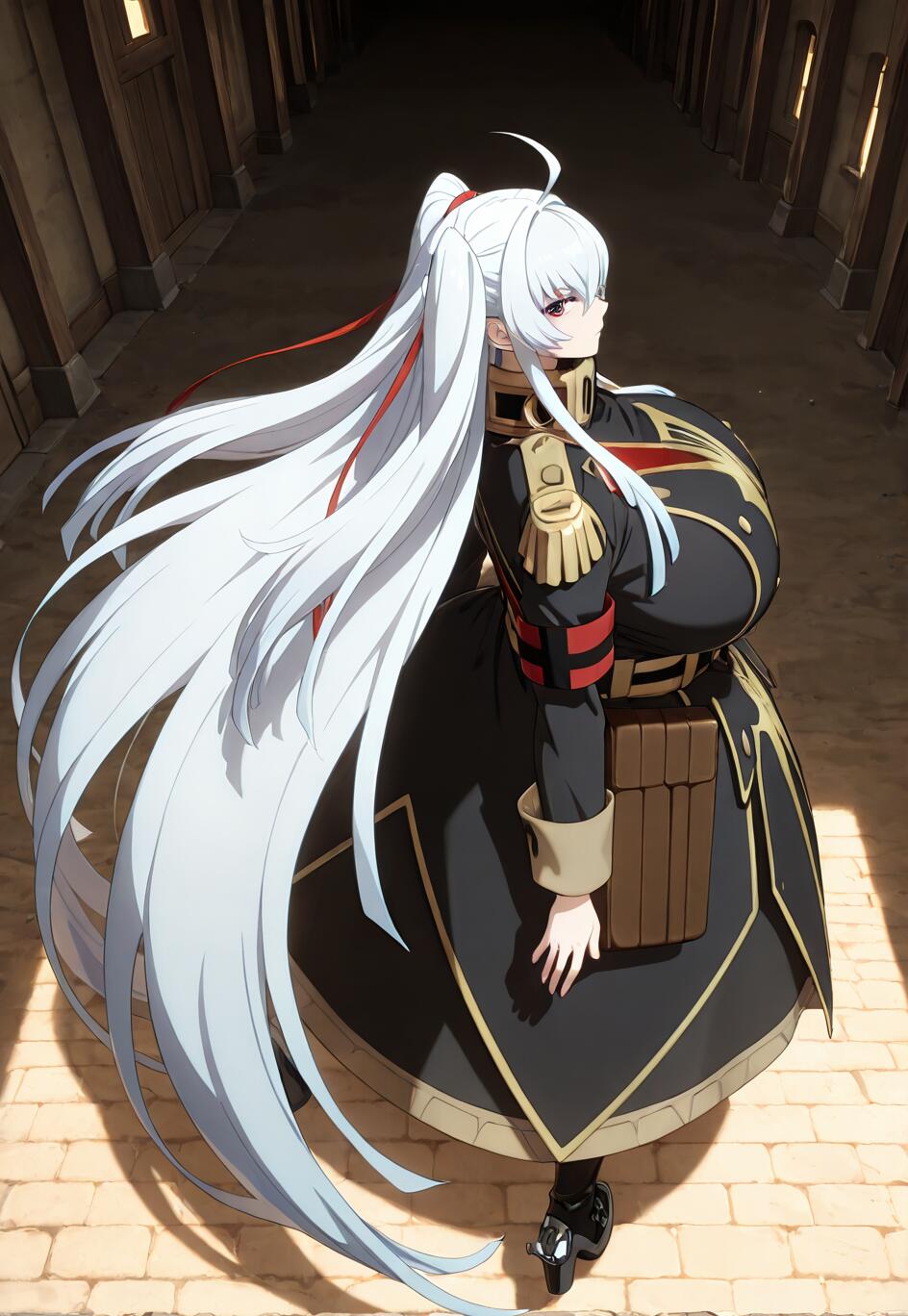 An anime character, Altair from Re:CREATORS, with extremely long white hair in a ponytail, wearing a black and gold military uniform. She is walking down a stone corridor and looking back over her shoulder.