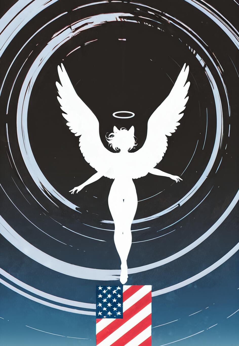 A white silhouette of a female angel with wolf ears and a halo ascending from a block decorated with the American flag, against a dark background with swirling white circles.
