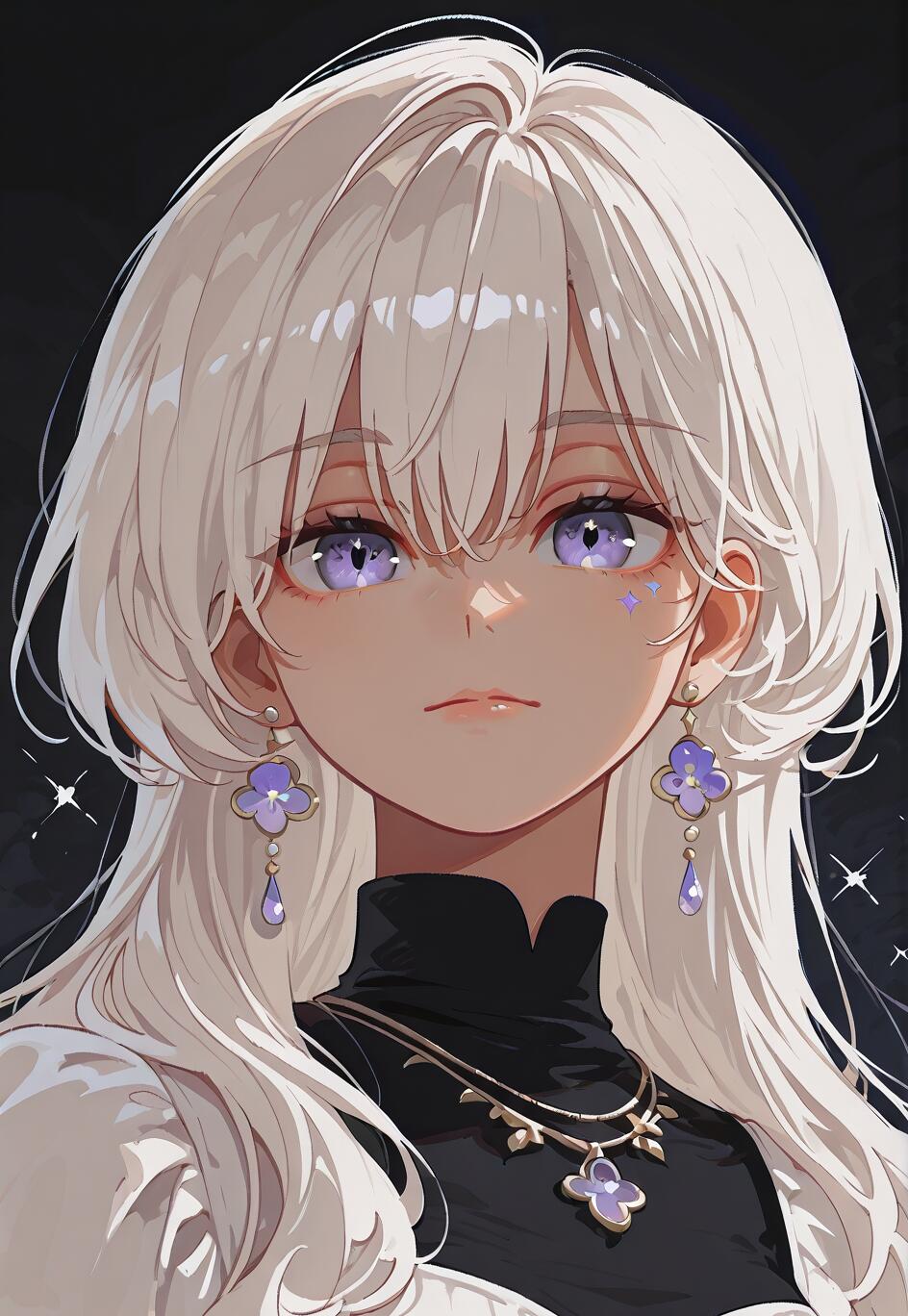 A close-up portrait of an anime-style girl with long, wavy white hair and enchanting purple eyes. She has a calm expression and wears elegant purple clover-shaped earrings and a matching necklace over a black turtleneck. The background is dark with soft white sparkles.