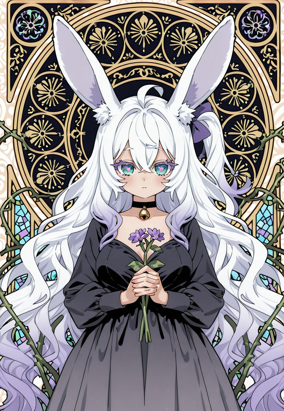An anime-style rabbit girl with long white and purple hair, Koyori from Usagima, holds purple flowers while standing in front of a golden Art Nouveau stained-glass window.