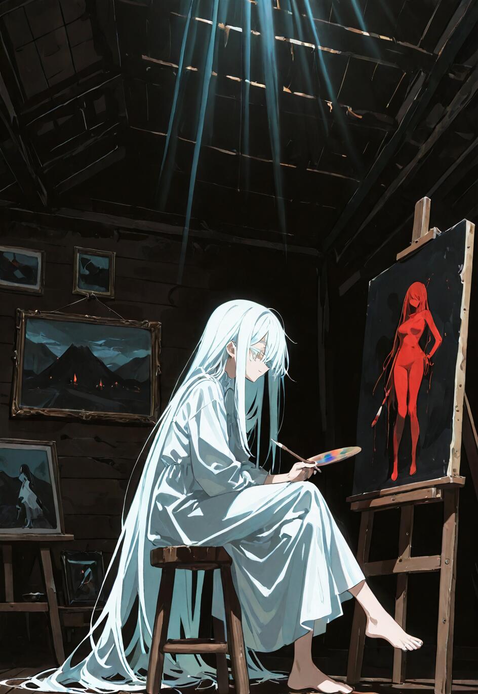A young anime-style woman with very long white hair sits in a dark, dusty attic, illuminated by beams of light from the ceiling. She is barefoot, wearing a white dress, and is painting a stark red figure of a woman on a black canvas.