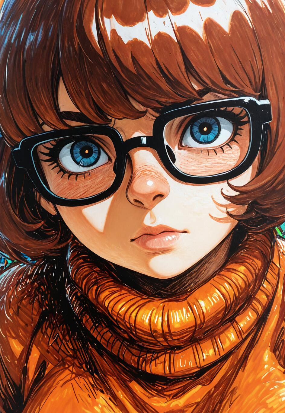 A close-up anime-style portrait of Velma from Scooby-Doo. She has short brown hair, large blue eyes, and is wearing her signature black-rimmed glasses and an orange turtleneck sweater, looking directly at the viewer.