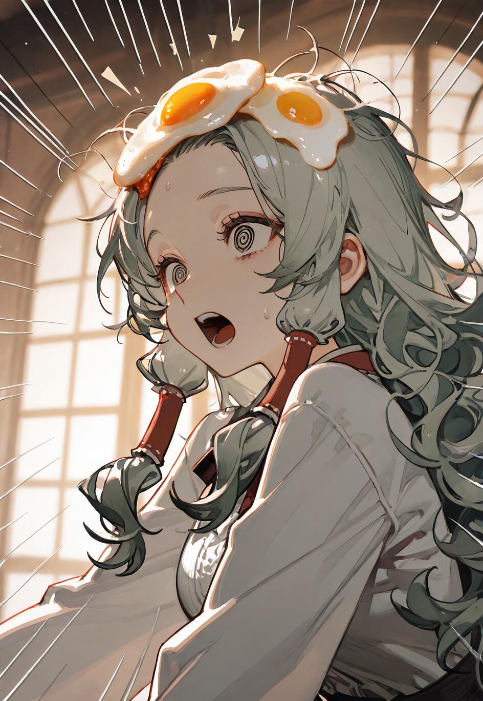 An anime-style girl with wavy light green hair and spiral eyes, looking shocked with her mouth open as two fried eggs sit on top of her head.