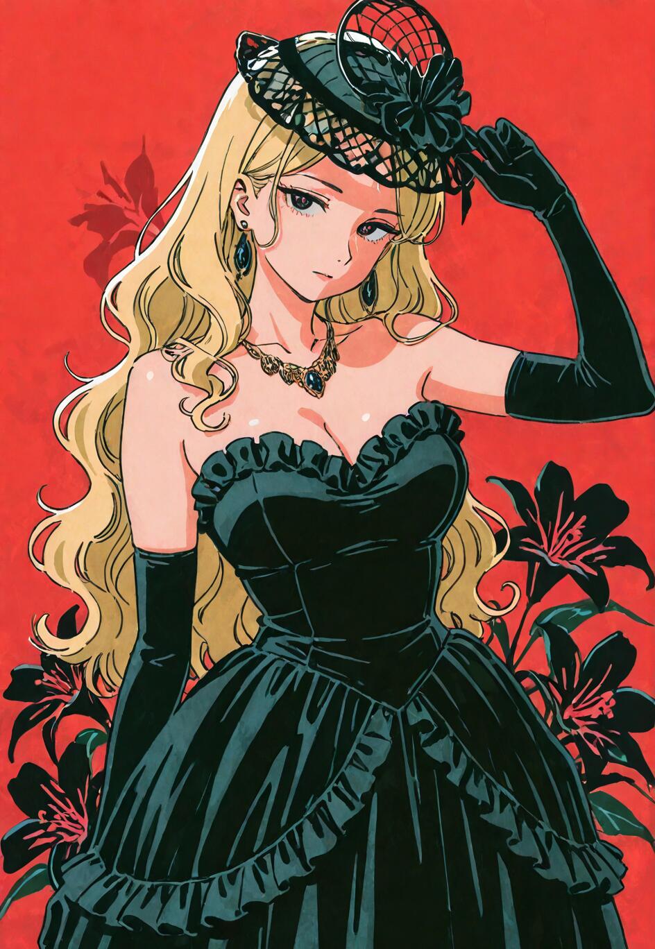 A beautiful anime-style illustration of a woman with long blonde hair wearing a black strapless gown, black gloves, and a fascinator hat, standing against a red background with black lilies.