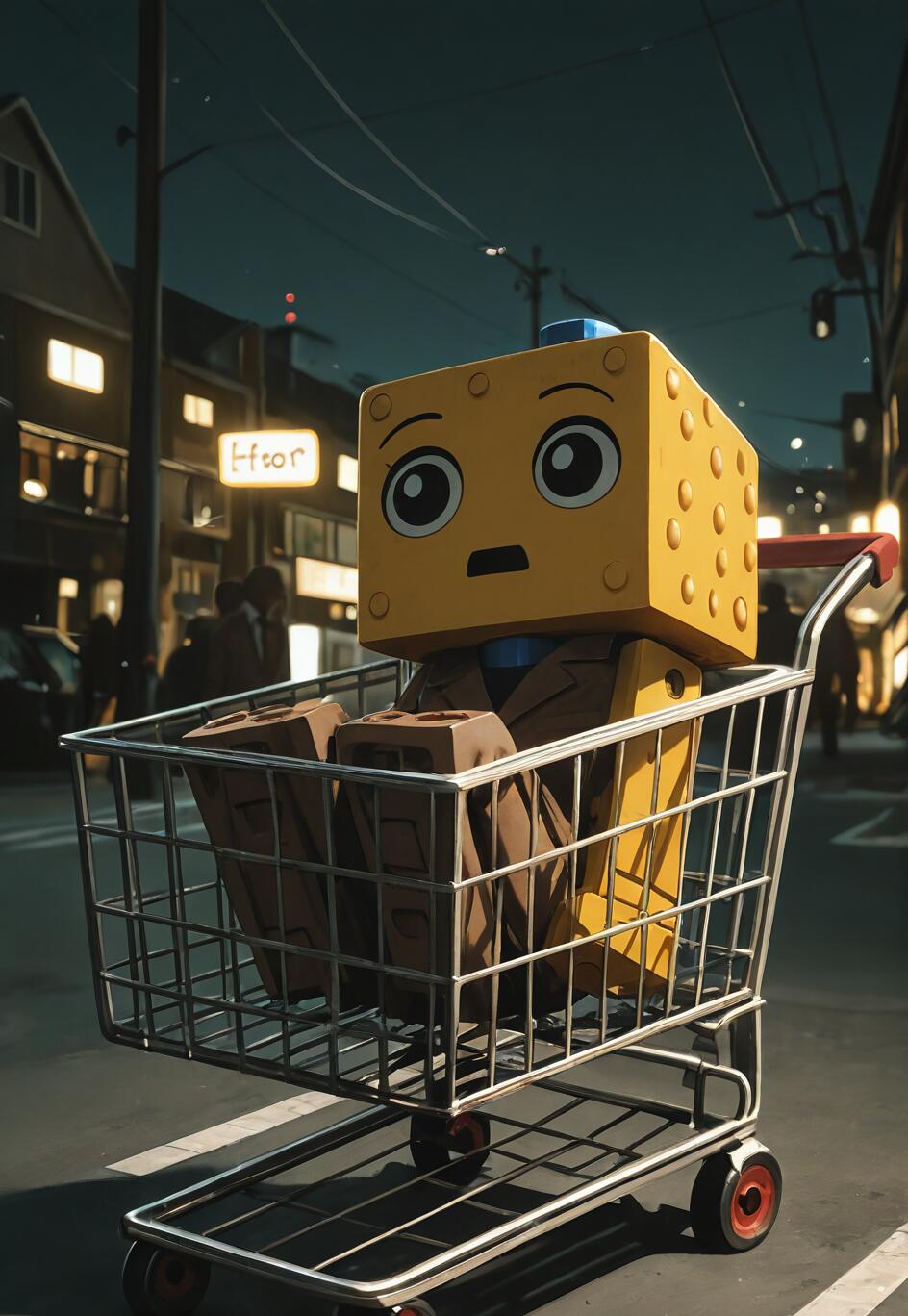 A character with a large yellow block head wearing a brown suit sits inside a shopping cart on a city street at night.