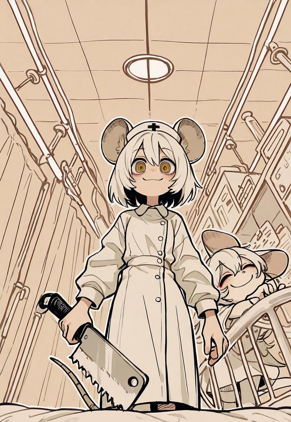 An anime-style mouse girl dressed as a nurse stands menacingly over the viewer, holding a large cleaver with a wide, creepy smile in a hospital setting. Another mouse girl smiles from a nearby hospital bed.