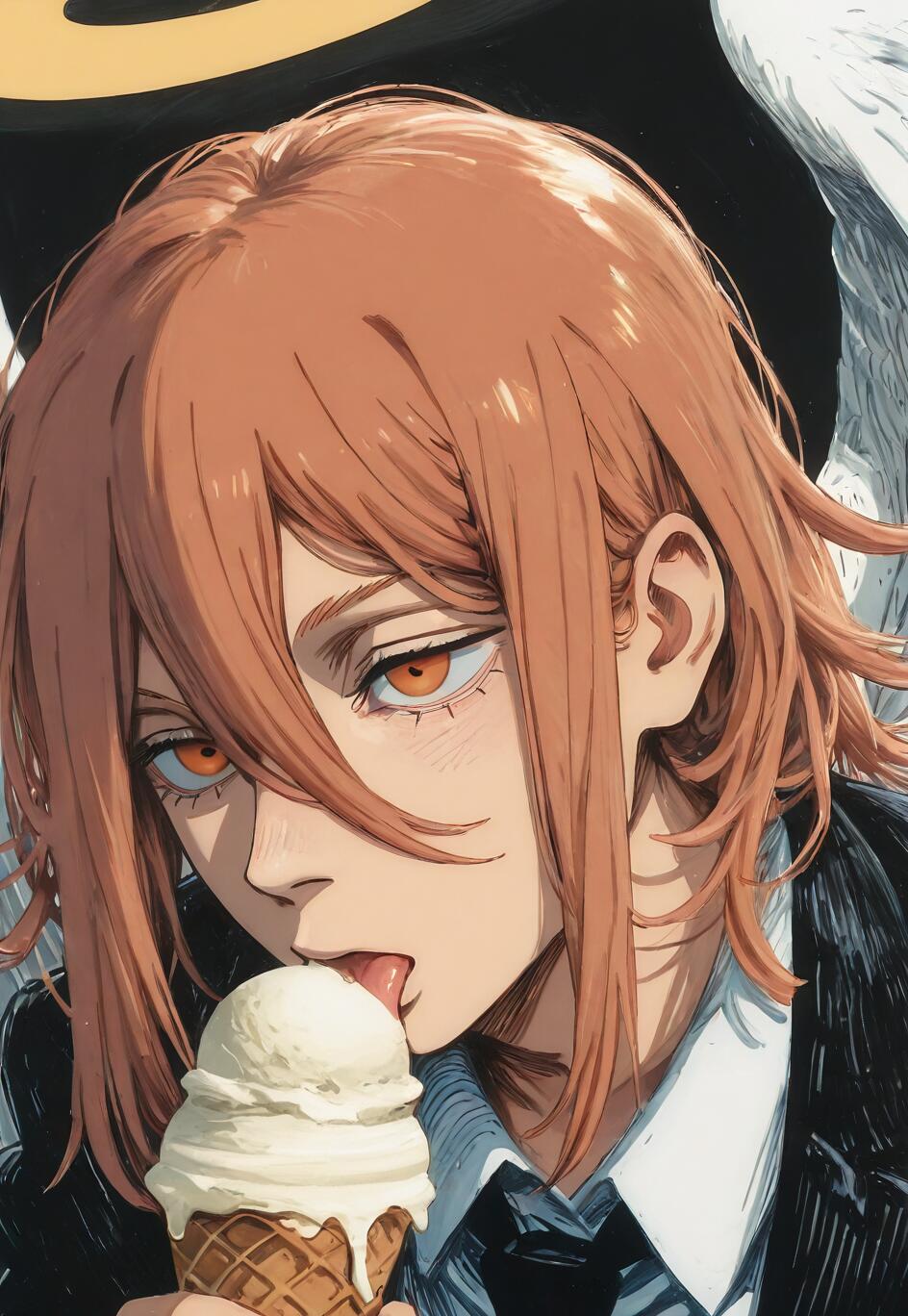 A close-up illustration of Angel Devil from Chainsaw Man, a male character with orange hair and a halo, licking a vanilla ice cream cone while wearing a black suit.