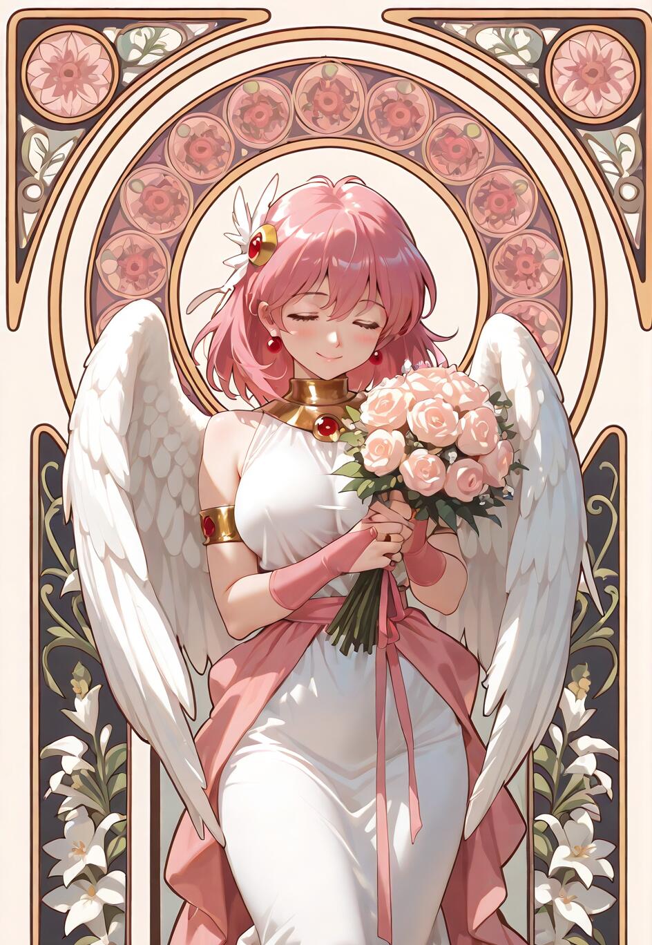 An Art Nouveau portrait of Lenna Charlotte Tycoon from Final Fantasy V, depicted as an angel with pink hair and a white dress, holding a bouquet of pink roses with a serene expression.