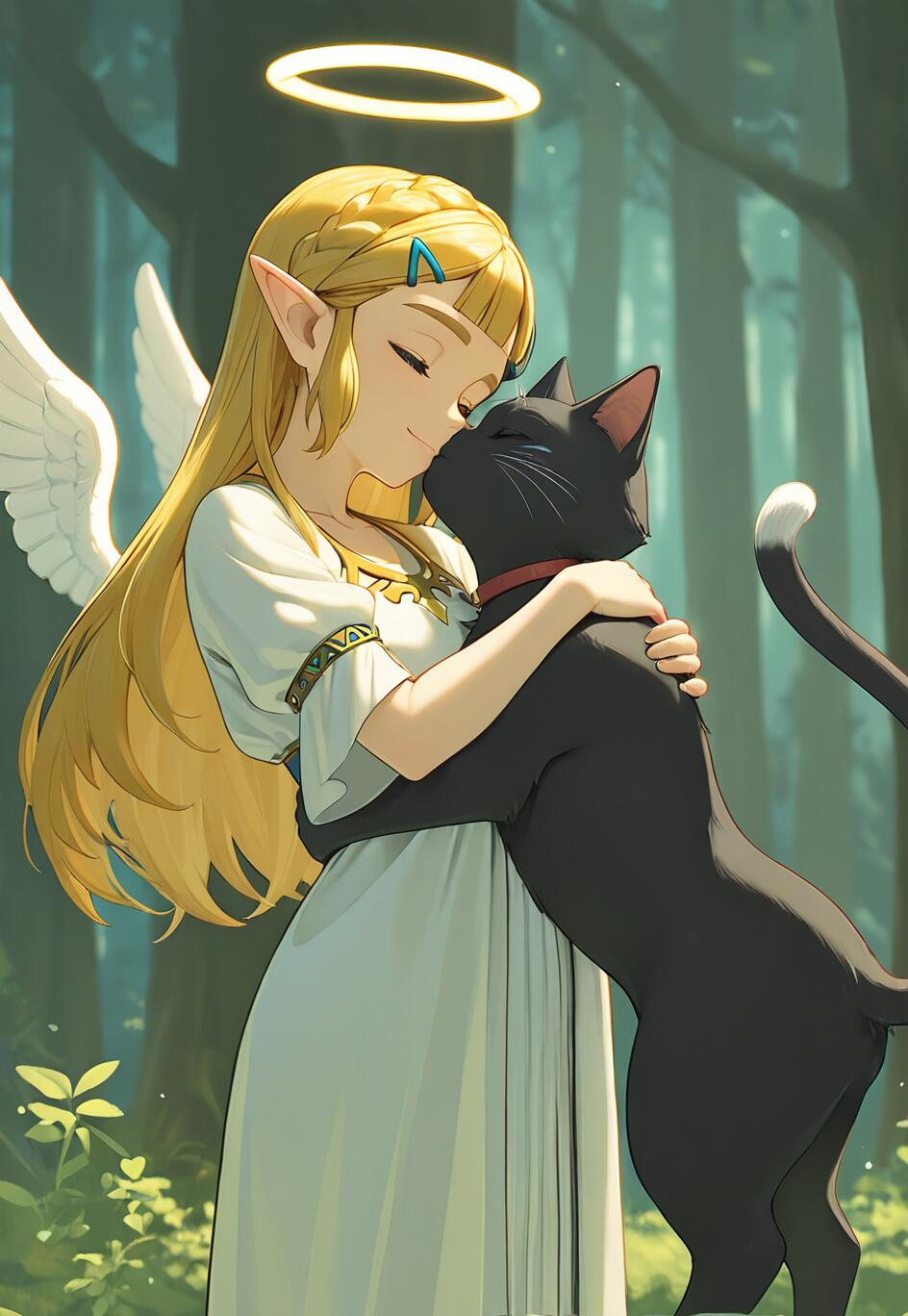 An anime-style illustration of Princess Zelda with angel wings and a halo, tenderly hugging a black cat in a forest setting.