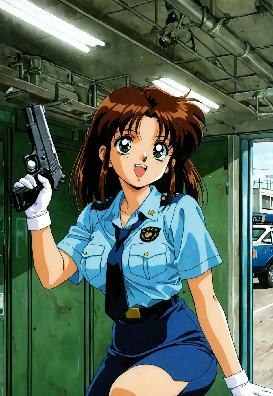 Anime girl in police uniform holding a handgun, industrial setting, confident expression, 90s retro style.