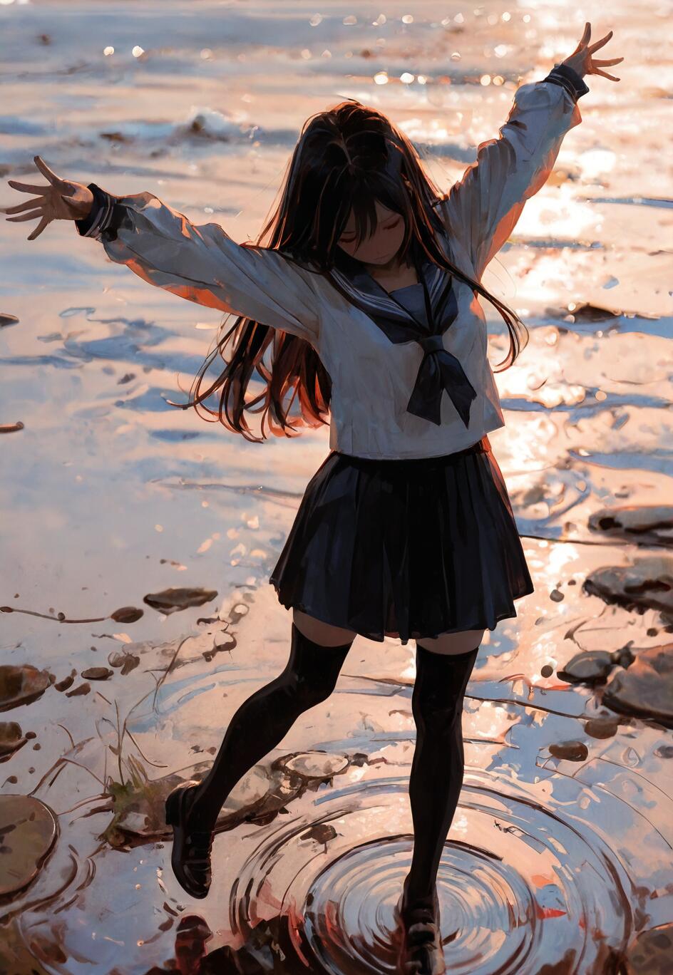 An anime girl in a school uniform with arms outstretched, standing in water with ripples around her, bathed in the warm glow of a sunset.