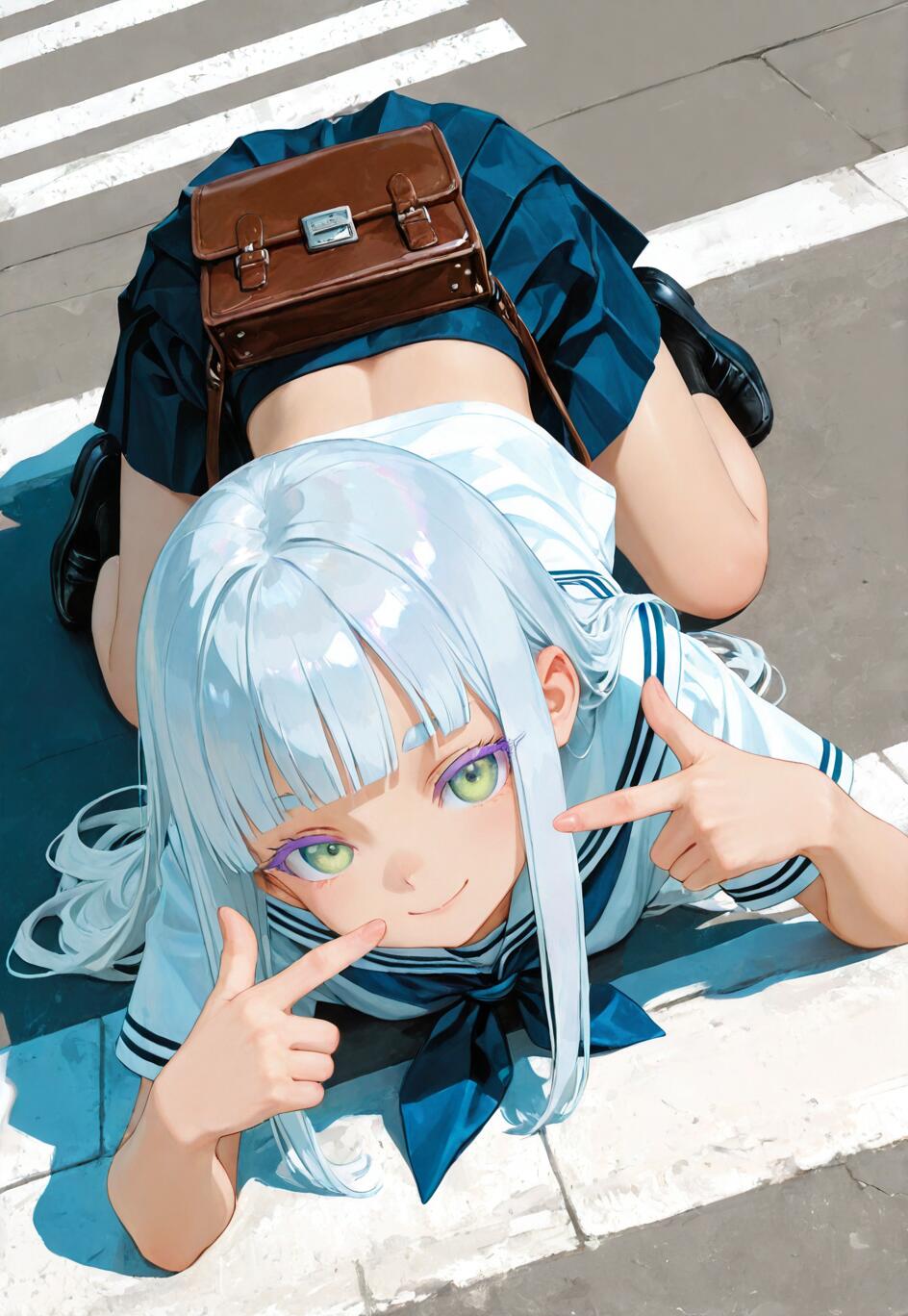 Anime girl in school uniform standing against a floral background