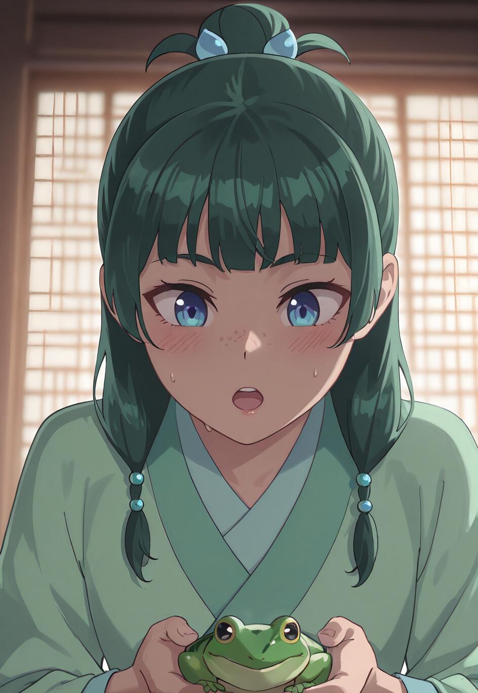 Anime girl with green hair and blue eyes, holding a frog with a surprised expression, wearing traditional attire.