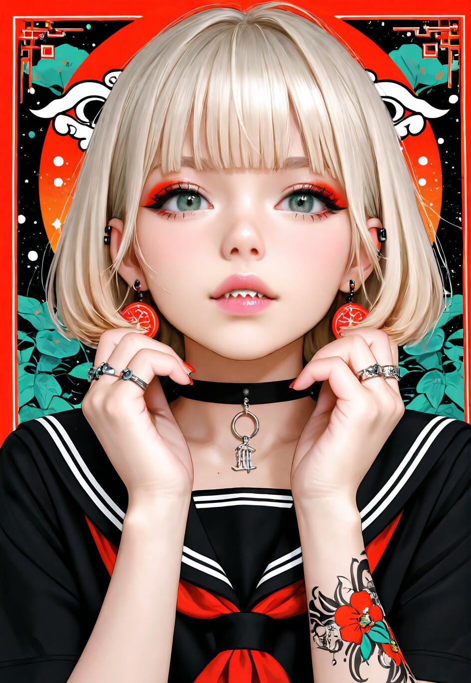 Anime girl with platinum blonde hair, green eyes, sailor uniform, accessories, vibrant background