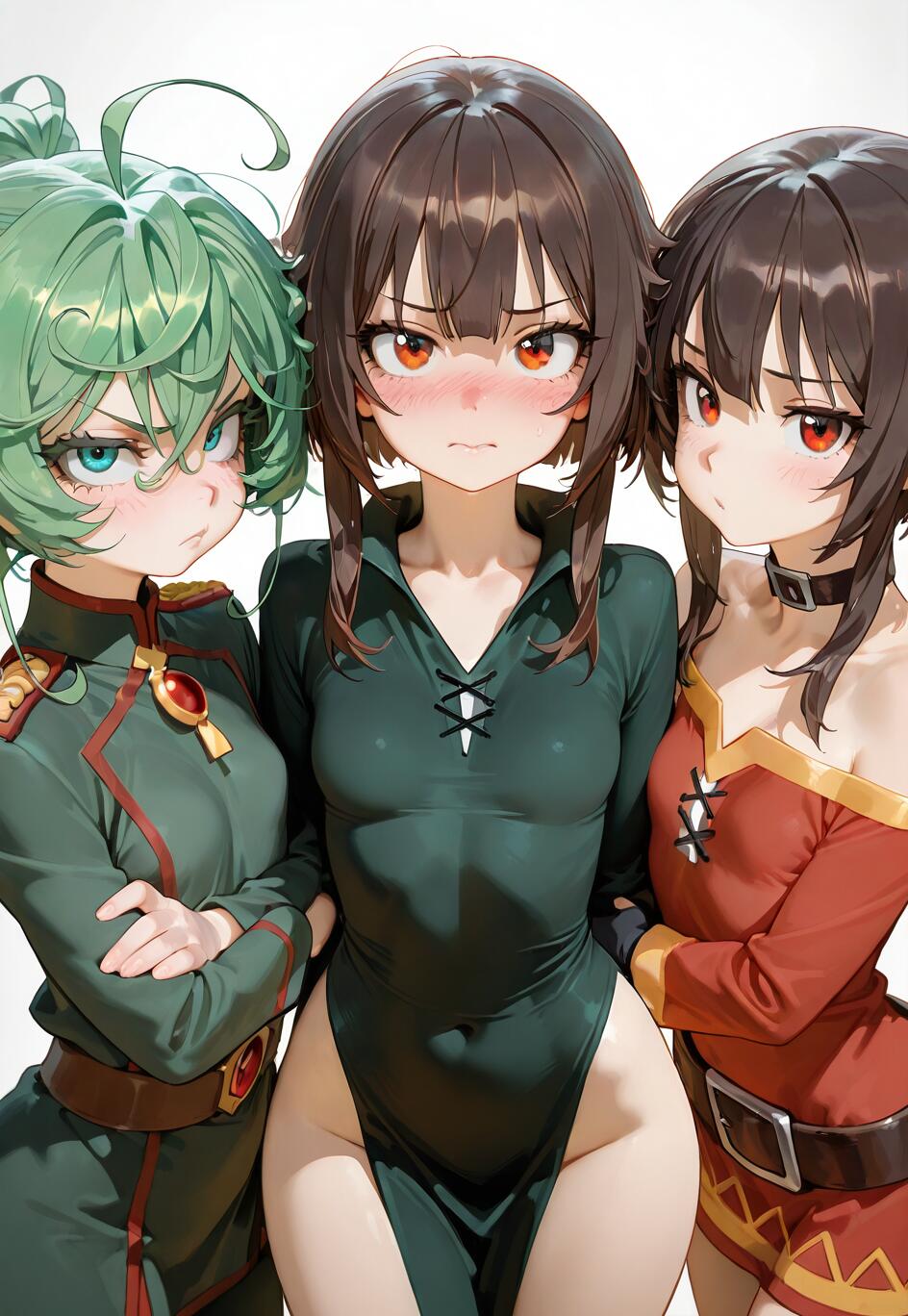 Anime girls trio illustration featuring Tanya Degurechaff, Tatsumaki, and Megumin in a detailed and colorful artwork.