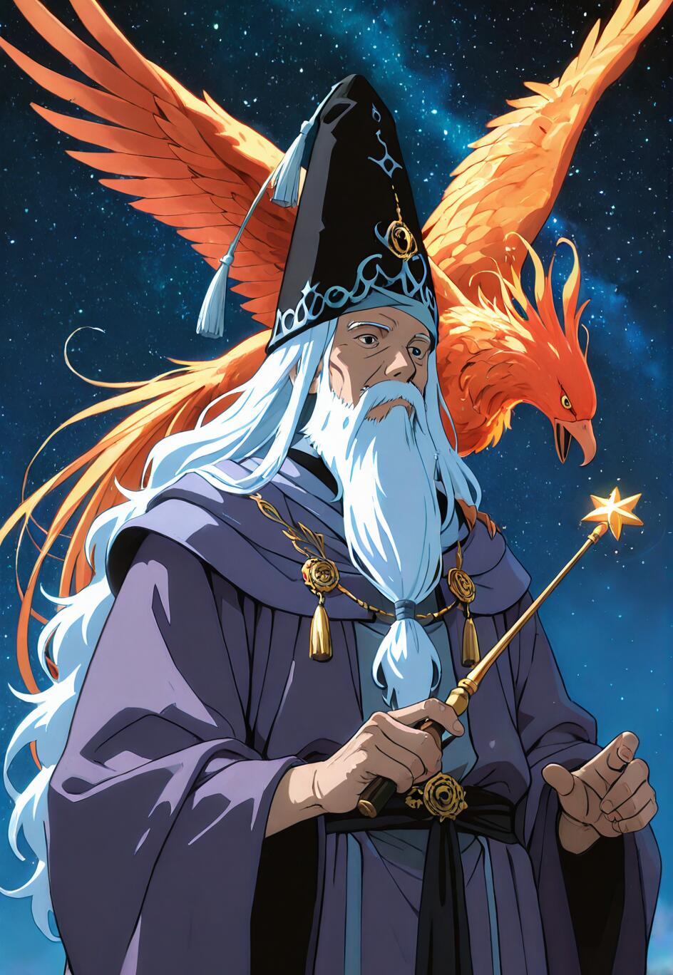 An anime-style portrait of Albus Dumbledore, a wizard with a long white beard and purple robes, holding a star-tipped wand, with a large orange phoenix behind him against a starry night sky.
