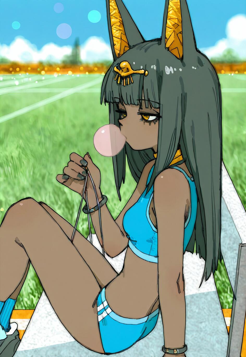 An illustration of Ankha from Animal Crossing as a human girl with dark skin, black hair, and large jackal ears, wearing a blue sports outfit and blowing bubble gum at a sunny stadium.