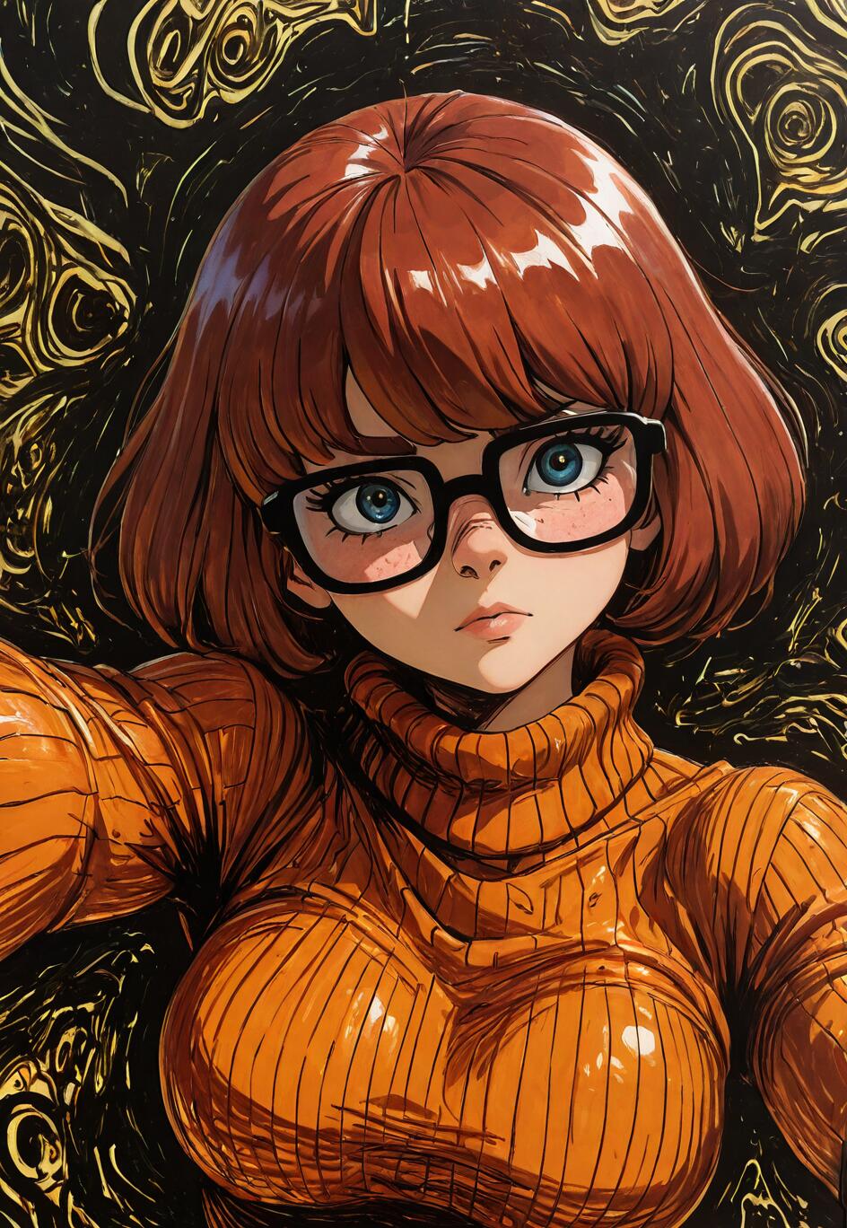 A close-up anime-style illustration of Velma from Scooby-Doo, with short brown hair and black glasses, wearing a thick orange turtleneck sweater against a black and gold abstract background.