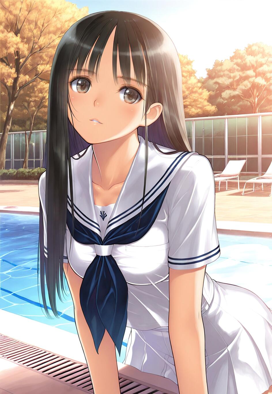 An anime-style illustration of a young woman with long black hair and brown eyes, wearing a Japanese school uniform, leaning forward next to a bright blue swimming pool.