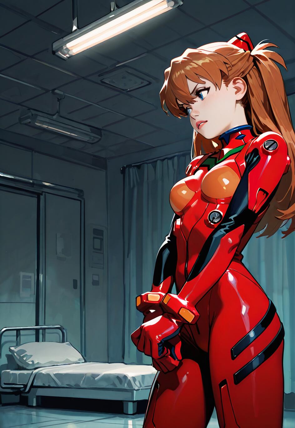 A full-body illustration of the anime character Asuka Langley Soryu from Neon Genesis Evangelion. She stands in a dimly lit hospital room, wearing her glossy red plugsuit. Her orange hair is in pigtails, and she has a serious, sullen expression as she looks down to the side.
