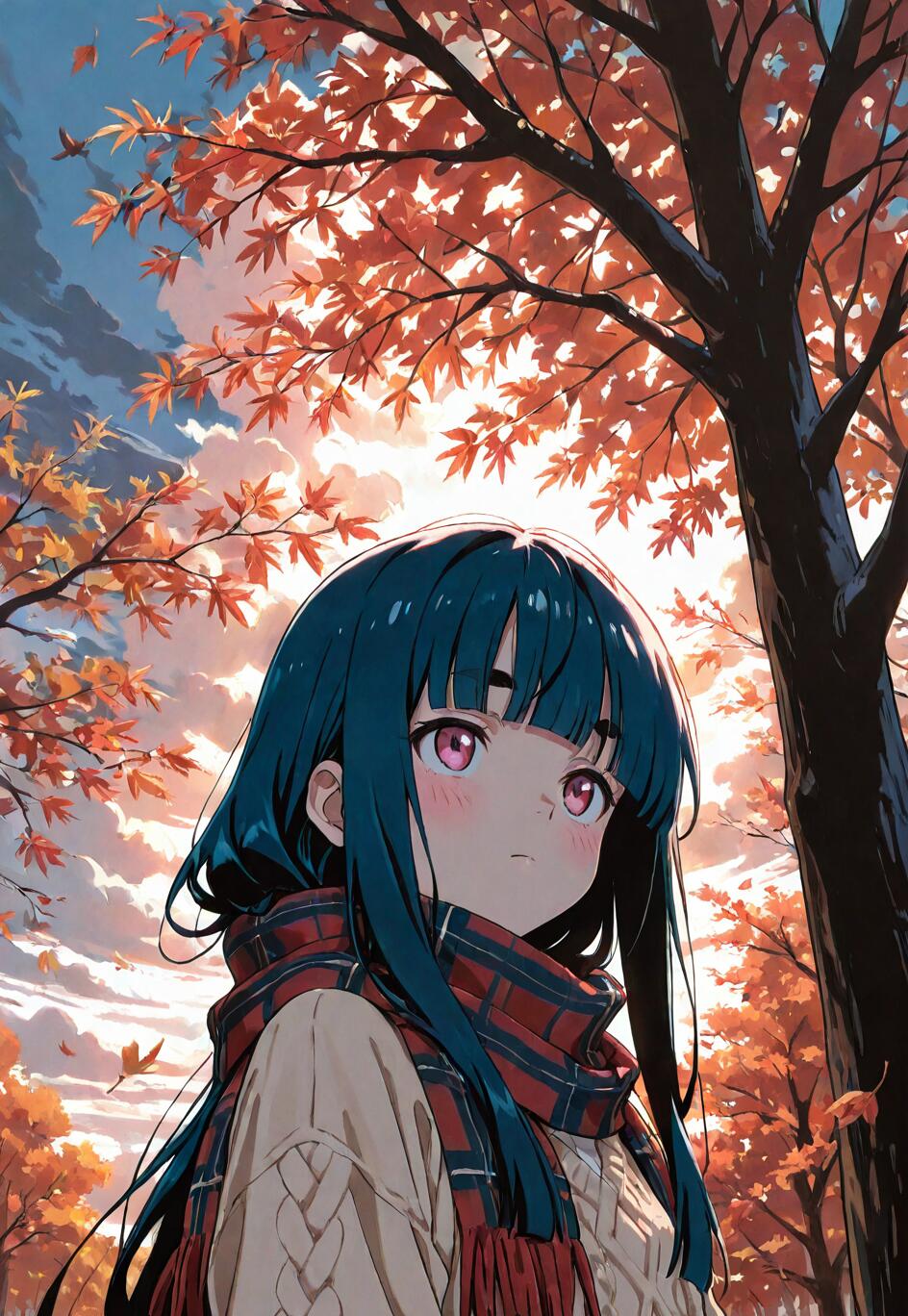 An anime illustration of Akane Kinoshita from Loving Yamada at Lv999! with dark blue hair and a plaid scarf, standing under a tree with bright orange autumn leaves.