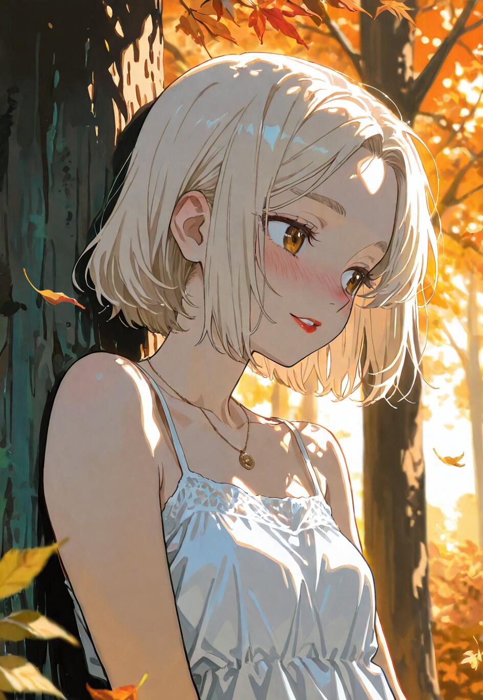 A beautiful anime-style girl with short platinum blonde hair and a white dress leans against a tree in an autumn forest during the golden hour, smiling softly as she looks to the side.