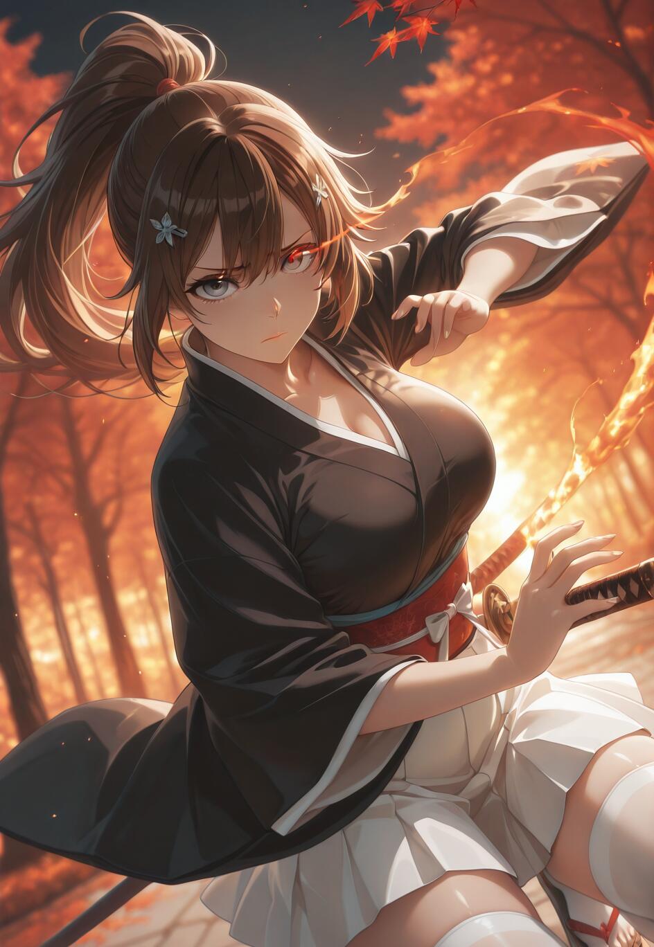 An anime girl with long brown hair in a ponytail and a serious expression, wearing a black kimono and white skirt, holds a sheathed katana in a fighting stance amidst a glowing autumn forest.