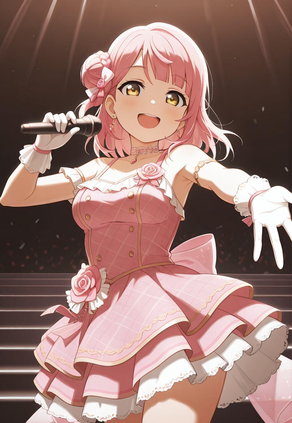 Ayumu Uehara from Love Live! Nijigasaki High School Idol Club smiling brightly while singing into a microphone on stage, dressed in an elaborate pink and white idol costume with rose decorations.