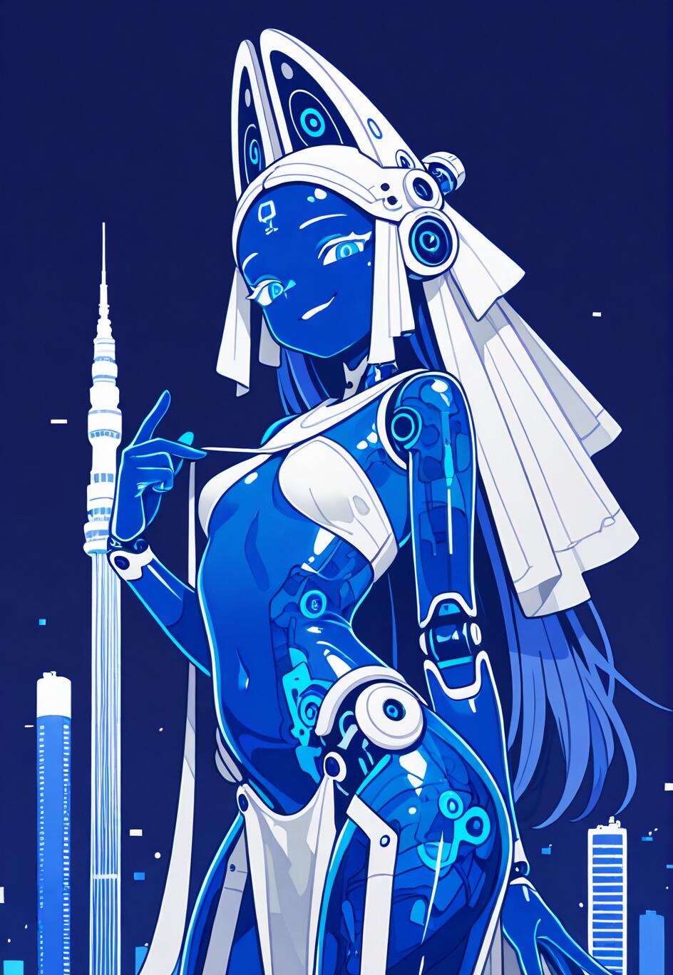 An anime-style illustration of a female android with a transparent blue body and long blue hair. She is wearing a white futuristic headdress and clothing, smiling as she stands in front of a blue cityscape dominated by a tall, needle-like tower.