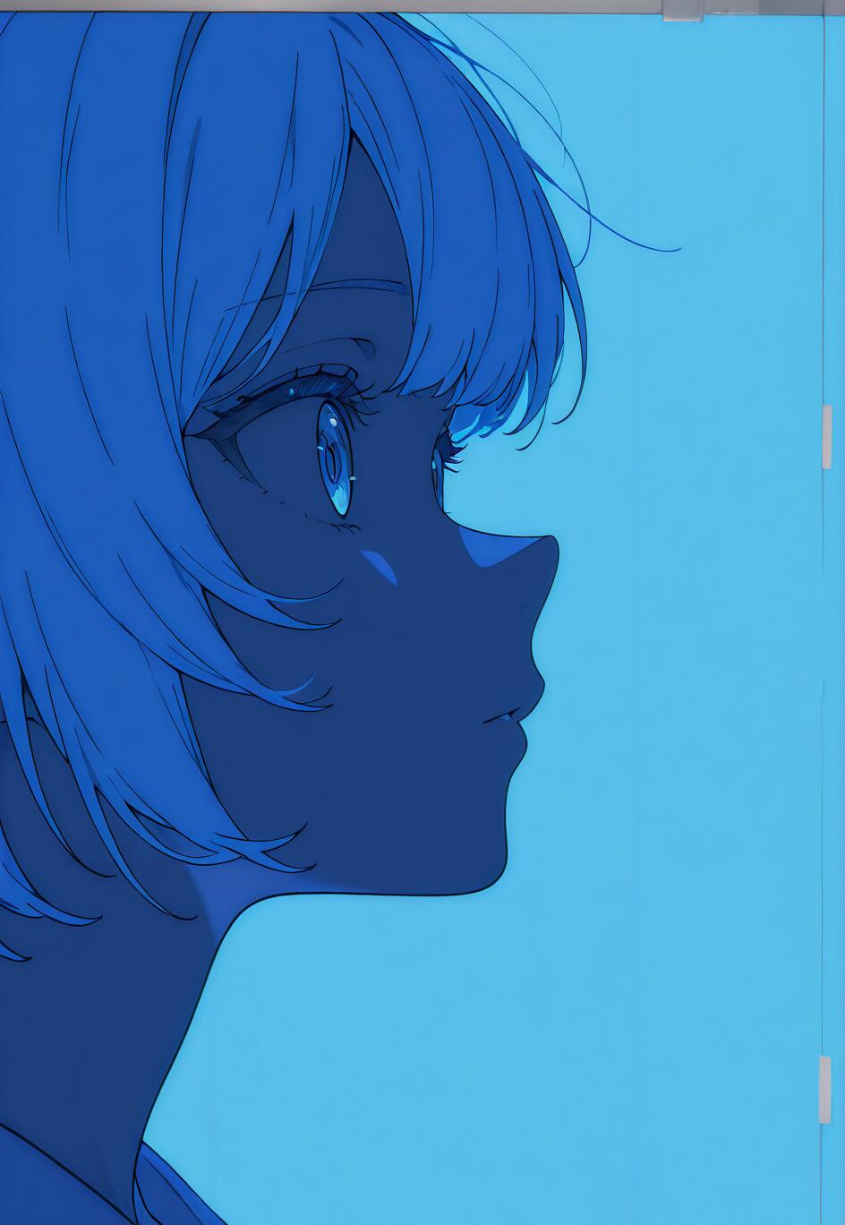 A profile view of an anime-style girl with short blue hair, mostly in shadow against a light blue background. Her eye is detailed and reflects light as she looks upwards.
