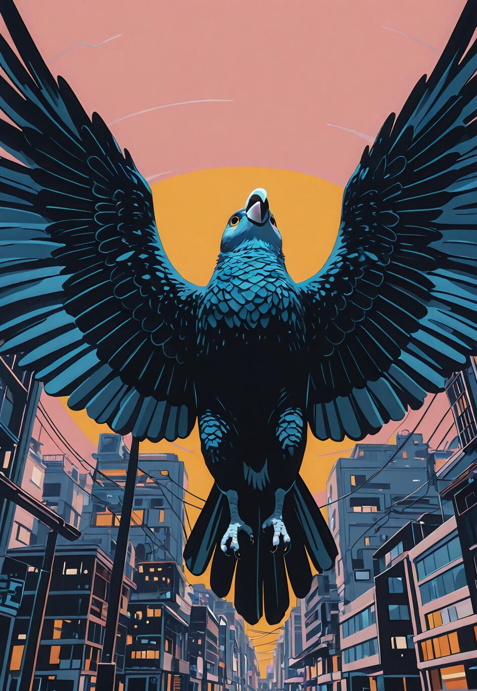 A low-angle view of a giant blue parrot with wings spread, flying over a city street. A large yellow sun is visible in the pink sky behind it.